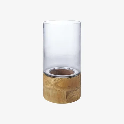 Homebase House Beautiful Glass Hurricane Vase with Mango Wood Base