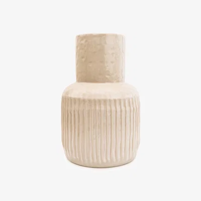 Homebase 30cm Wide Neck Vase with Ridges - Cream