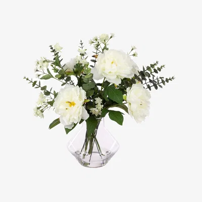 John Lewis Floralsilk Artificial Peony & Eucalyptus in Glass Vase, 46cm, White/Green