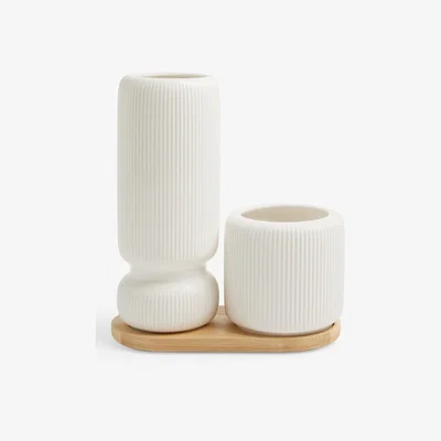 John Lewis John Lewis Ribbed Vase Set & Wooden Board, Multi