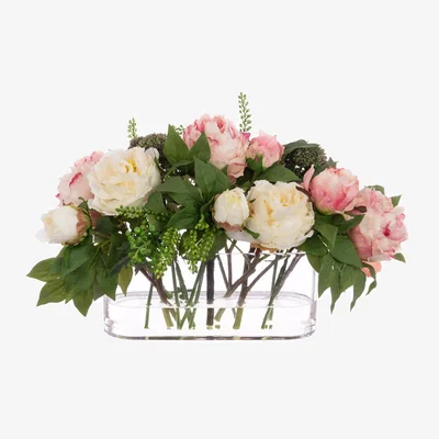 John Lewis Floralsilk Artificial Deluxe Peony in Oblong Glass Vase, Pink