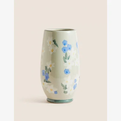 Marks & Spencer M&S Floral Painted Glaze Ceramic Vase - Grey/White, Grey/White