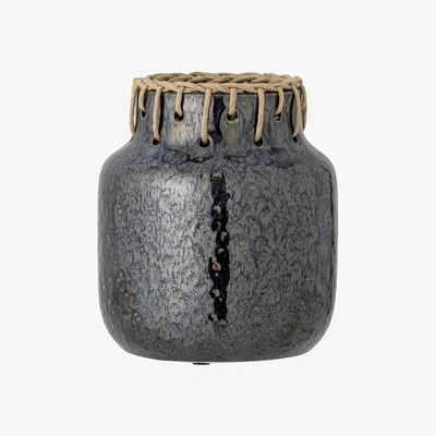 Made in Design Janel Vase ceramic black / Ceramic & Rattan - Ø 17 x H 21 cm - Bloomingville