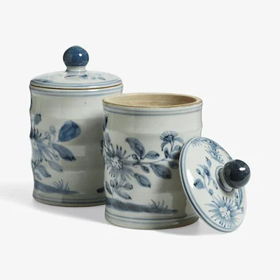 OKA OKA, Pair of Chun Lidded Pots - Blue/White, Vases, Porcelain