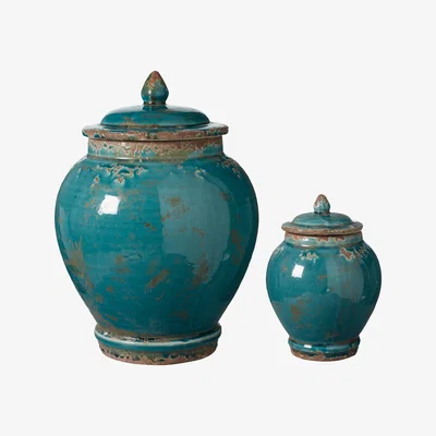OKA Set of Two Zion Lidded Urns - Aruba Blue