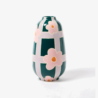 Oliver Bonas Daisy Chequerboard Tall Green Ceramic Vase