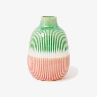 Oliver Bonas Risa Green & Pink Ribbed Ceramic Vase