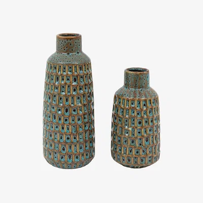 Perch and Parrow Genova Reactive Glaze Vase in Teal and Brown, Set of 2