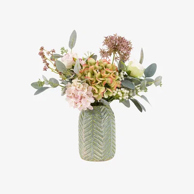 Perch and Parrow Faux Hydrangea Arrangement in Ceramic Vase