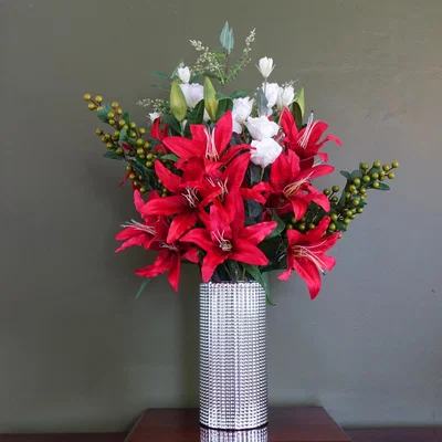 The Range Artificial Red Lily Arrangement Silver Glass Vase - Red Lily Silver Glass Vase