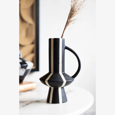 Rockett St George Tall Striped Black & White Vase With Handle