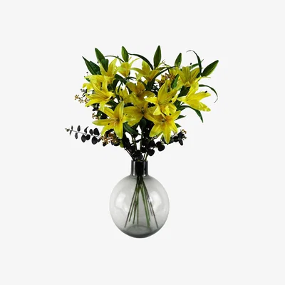 The Range Yellow Lily Black Eucalptus Glass Ball Vase - Yellow Lily Black Eucalptus Glass Vase