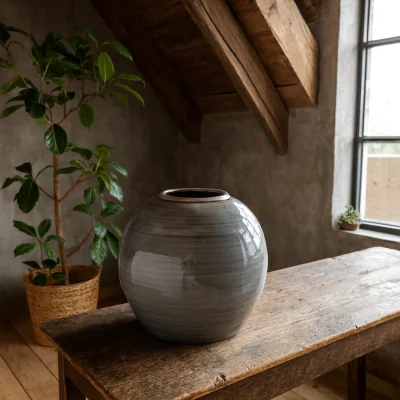 The Range Bloomwood Glazed Round Ceramic Vase Crackle Finish - Grey