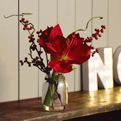 The Range Artificial Amaryllis and Berry Arrangement in Vase - Red