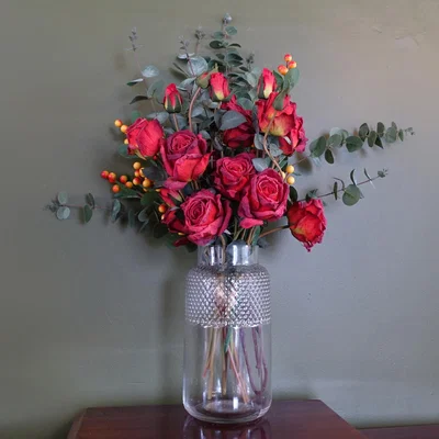 The Range Red Rose and Eucalyptus Glass Diamond Vase - Red Rose Eucalyptus Glass Diamond Vase