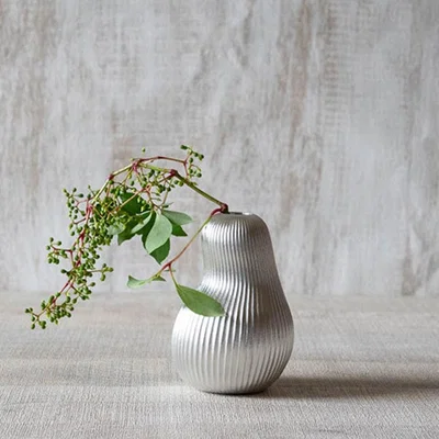The Range Minimalistic Dry Flower Vase Embossed Gourd Ceramic Pot - Silvery