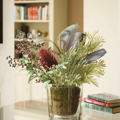 The Range Artificial George Foliage Centrepiece in Glass Vase - Green, Red, Purple