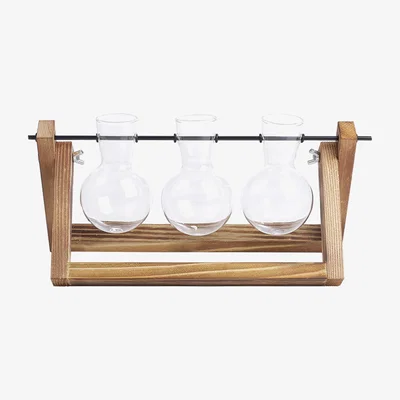 The Range Creative 3pcs Bulb Glass Vases Wood Stand Set - Brown