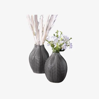 The Range Set Of 2 Grey Leaf Ceramic Vase - Black