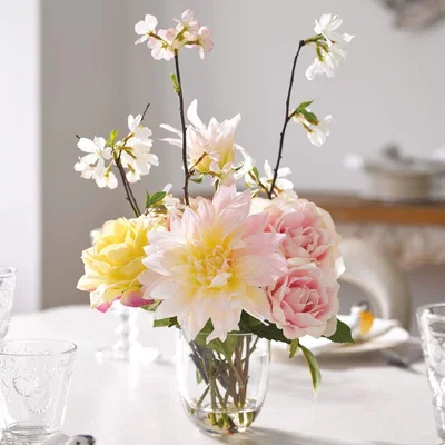 The Range Artificial Andre Dahlia and Rose Flower Arrangement in Glass Vase - Multicoloured