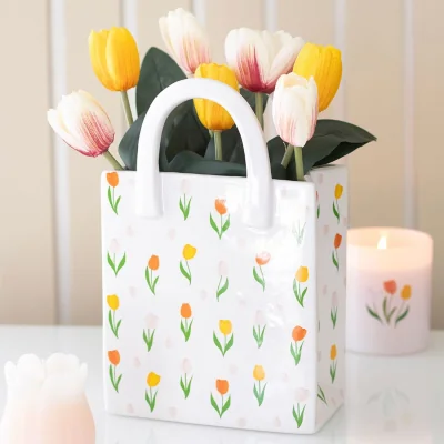The Range Tulip Print Ceramic Bag-Shaped Flower Vase - White