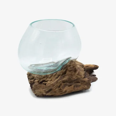 The Range Molten Glass on Wood Bowl Handcrafted Recycled Art Vase from Bali - Turquoise