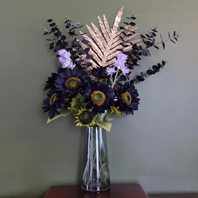 The Range Artificial Purple Sunflower and Gold Leaf Display Glass Vase - Purple Sunflower Gold Glass Vase
