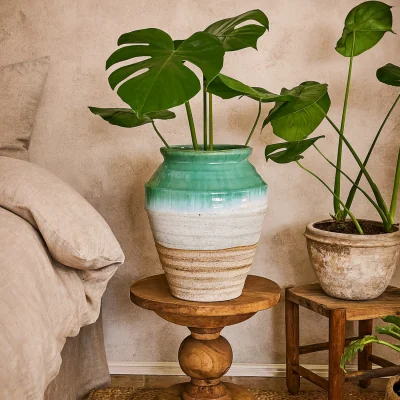 The Range Rustic Ombre Turquoise and Sand Glazed Ceramic Vase - White