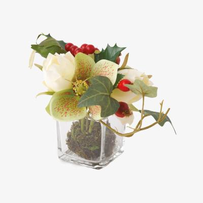 The Range Artificial Fezziwig Small Rose Flower Arrangement in Cube Vase - White, Green, Red