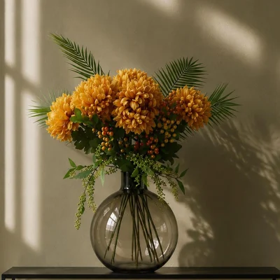 The Range 100cm Artificial Yellow Chrysanthemum Glass Ball Vase Premium - Green Flower Arrangement