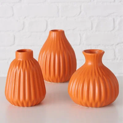The Range Set 3 Orange Porcelain Bud Vases Pleated Design - Orange