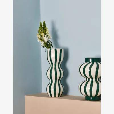 Rose & Grey Tall White & Green Stripe Bubble Vase