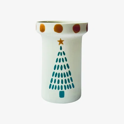 Wolf & Badger White / Green / Brown Christmas Gift Handmade Fine Porcelain Green Trees Brown Star Tall Coffee Tea Mug / Vase Kaase Atelier