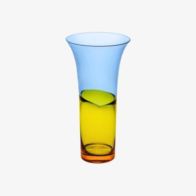 Wolf & Badger Yellow / Orange Duo Amber/Blue Two Tone Fused Glass Vase 12.2" Sghr Sugahara