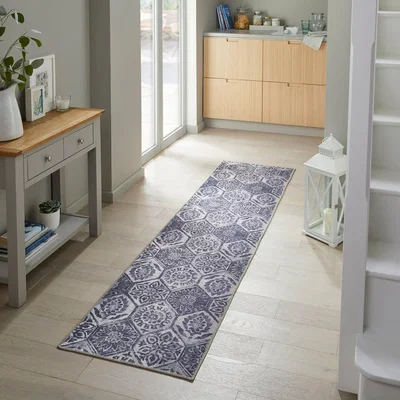Dunelm PractiRug Celeste Tile Washable Runner Blue