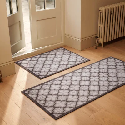 Hug Rug Paw Print Moroccan Tile Grey Washable Runner