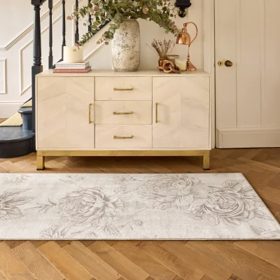 Hug Rug Muted Floral Beige Eco-Washable Runner