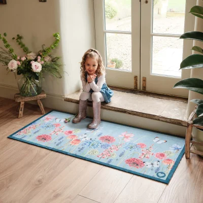 Hug Rug Butterfly Garden Blue Washable Runner