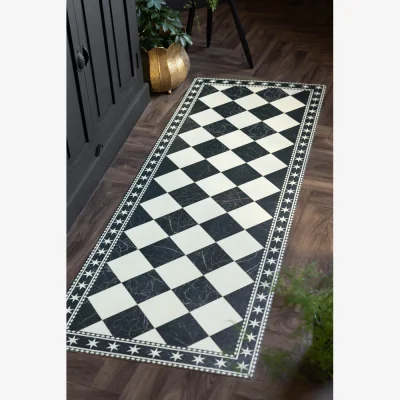 Rockett St George Monochrome Marble Tile Effect Durable Runner