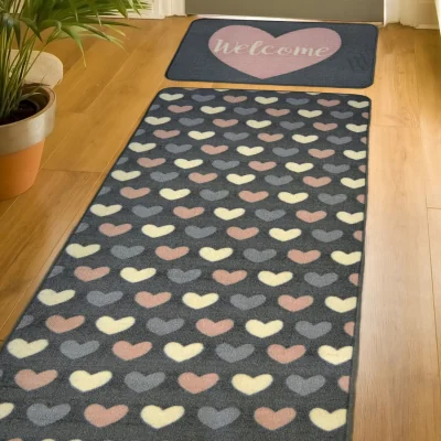 The Range Grey and Pink Hearts Non Slip, Washable Runner and Welcome Doormat Set - - Pink