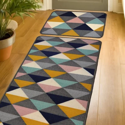 The Range Multicoloured Geometric Non Slip, Washable Runner and Doormat Set - - Navy