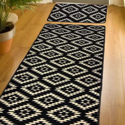 The Range Black Aztec Non Slip, Washable Runner and Doormat Set - - Black