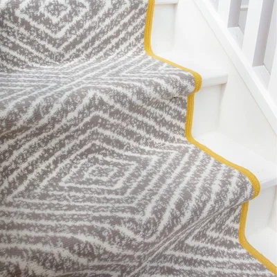 The Range Grey Chevron Ochre Bordered Cut To Measure Stair Carpet Runner 60cm Wide - Grey / 975cm