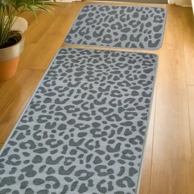The Range Grey Leopard Print Non Slip, Washable Runner and Welcome Doormat Set - - Grey