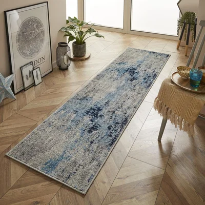 The Rug Seller Gilbert 90 L Distressed Abstract Runner Rugs in Blue Grey Cream