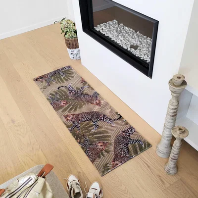 The Rug Seller Jackson Leopard Washable Runner Mats in Beige Green