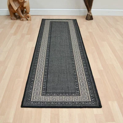 The Rug Seller Greek Key Flatweave Anti Slip Hallway Runners in Black