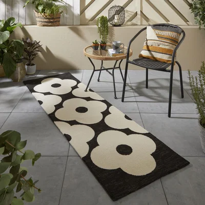 The Rug Seller Spot Flower indoor outdoor Runner 460805 in Black by Orla Kiely