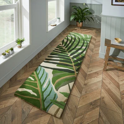 The Rug Seller Sanderson Manila Botanical Wool Runner Rugs 46407 in Green