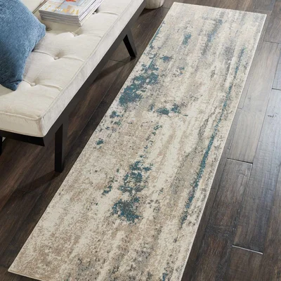 The Rug Seller Maxell MAE17 Abstract Runner Rugs by Nourison in Ivory Teal Blue